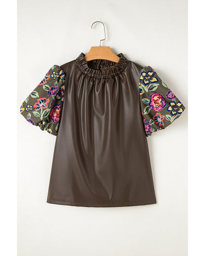 Four Leaf Clover Floral Bubble Sleeve Patchwork Leatherette Frilled Round Neck Blouse - S