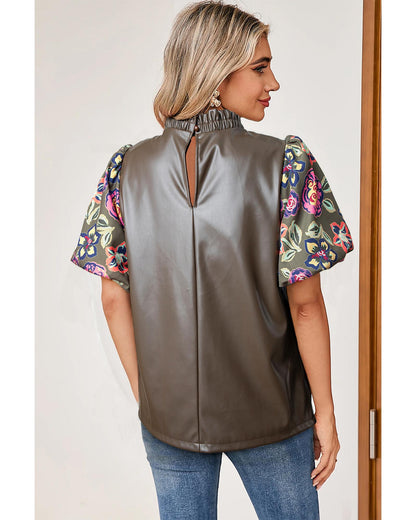 Four Leaf Clover Floral Bubble Sleeve Patchwork Leatherette Frilled Round Neck Blouse - S