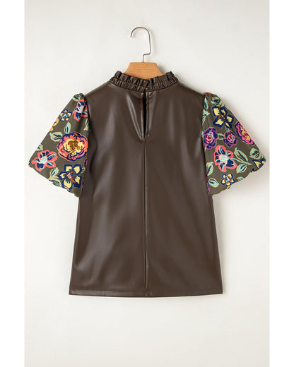 Four Leaf Clover Floral Bubble Sleeve Patchwork Leatherette Frilled Round Neck Blouse - S
