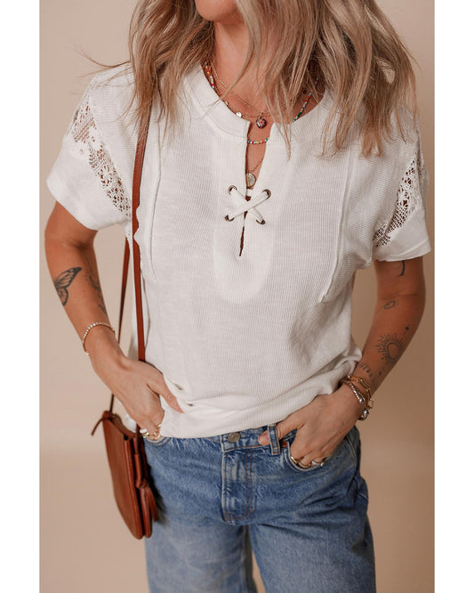 White Ribbed Texture Lace Patchwork Short Sleeve Top - M
