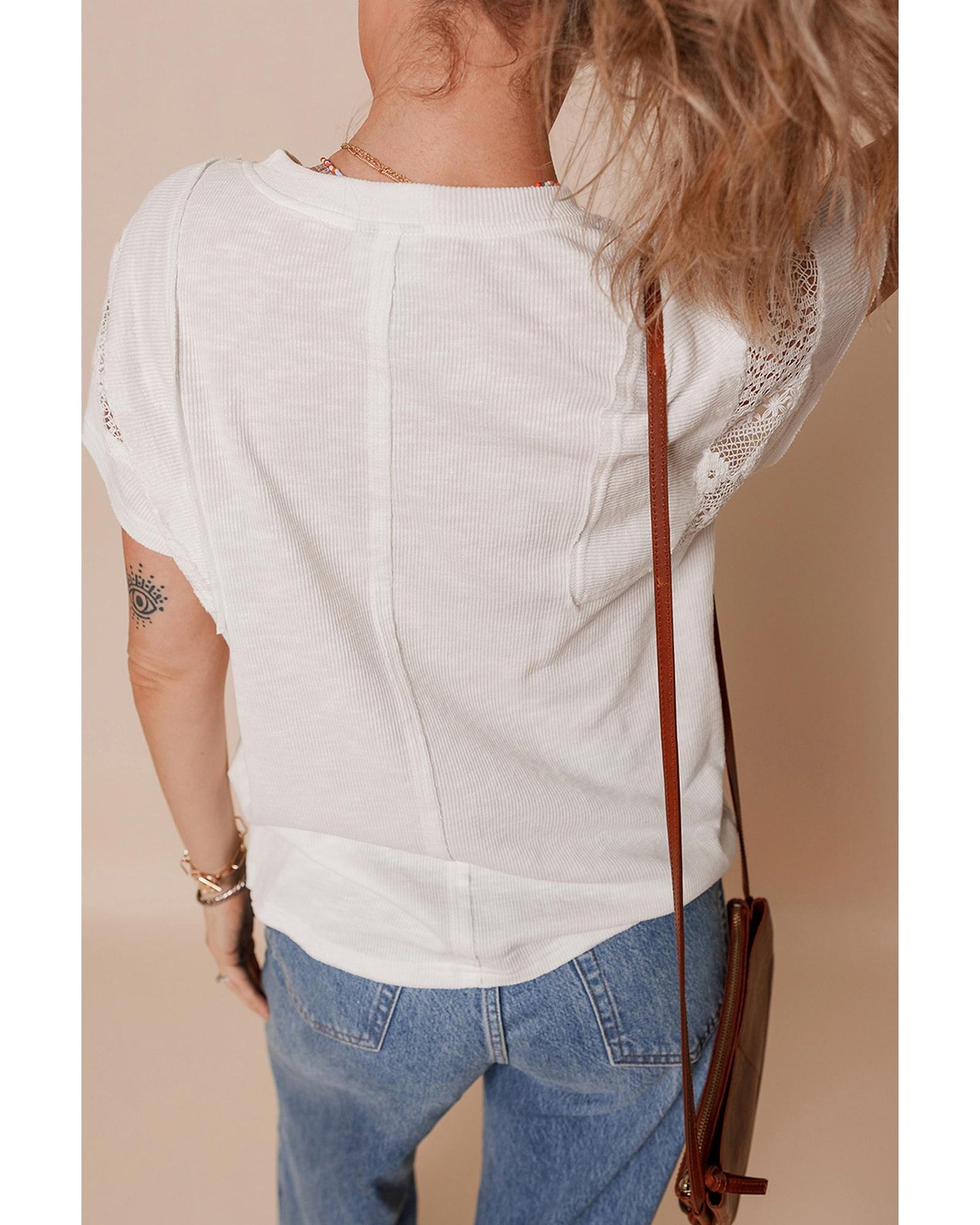 White Ribbed Texture Lace Patchwork Short Sleeve Top - M