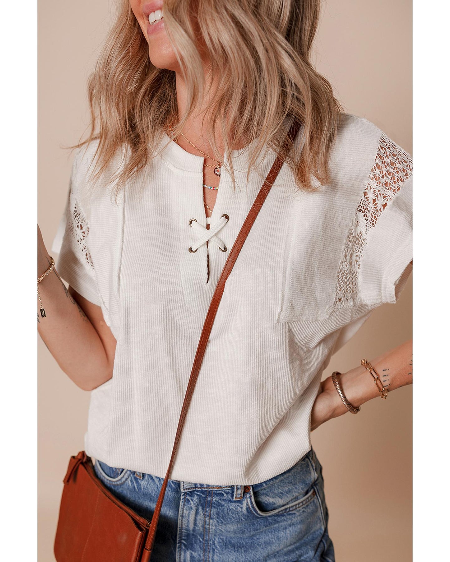 White Ribbed Texture Lace Patchwork Short Sleeve Top - M