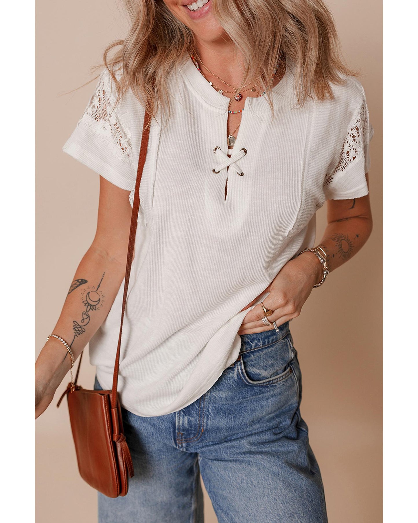 White Ribbed Texture Lace Patchwork Short Sleeve Top - M
