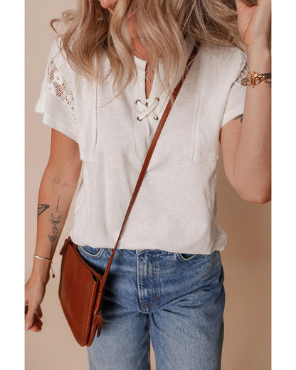 White Ribbed Texture Lace Patchwork Short Sleeve Top - M