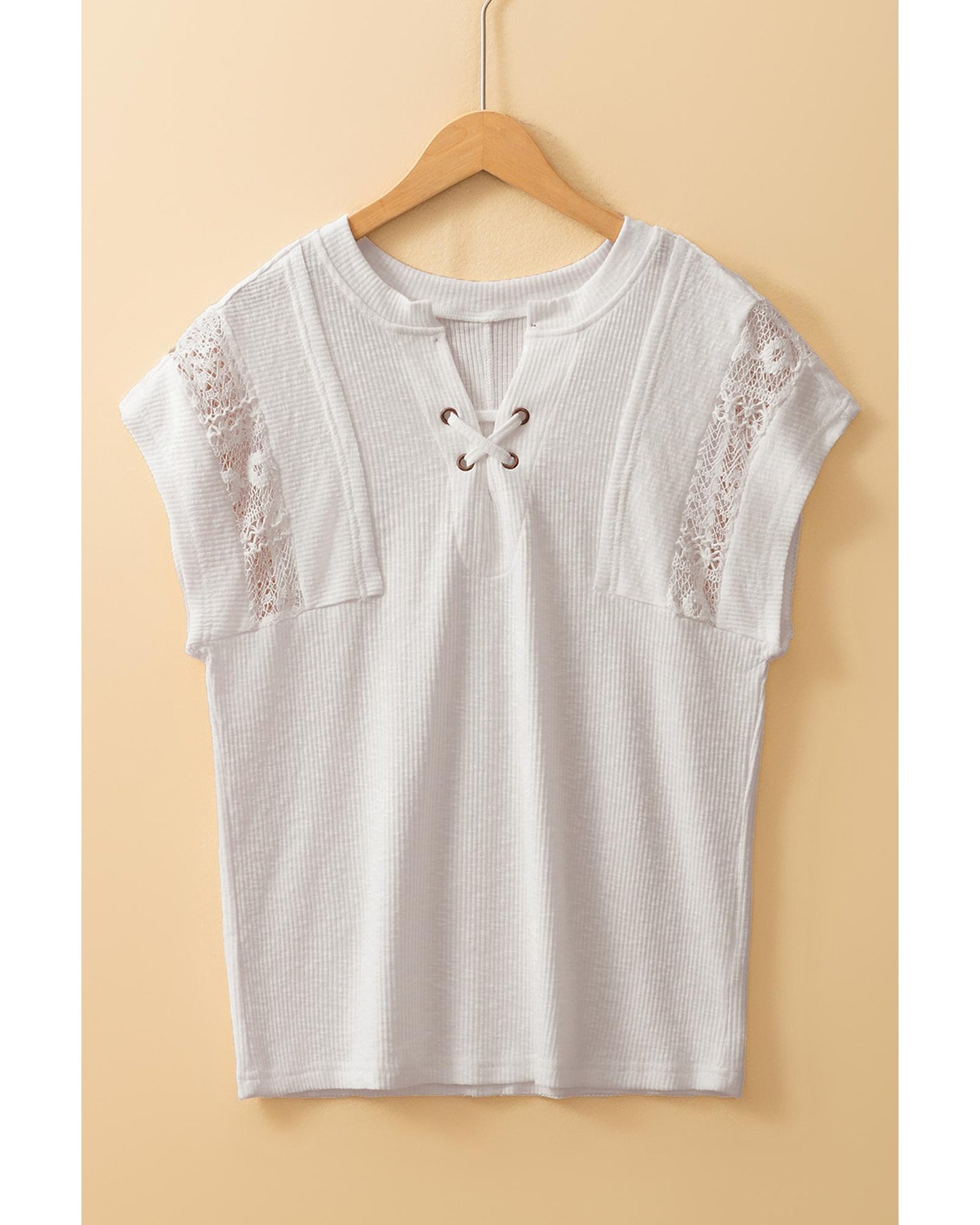 White Ribbed Texture Lace Patchwork Short Sleeve Top - M