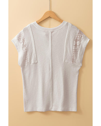 White Ribbed Texture Lace Patchwork Short Sleeve Top - M