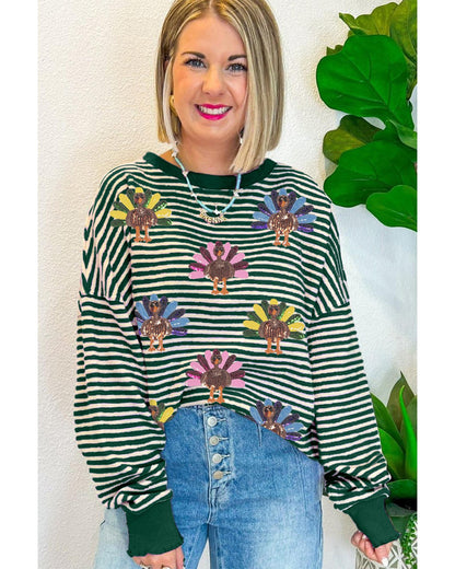 Green Stripe Turkey Pattern Drop Shoulder Pullover Top - L