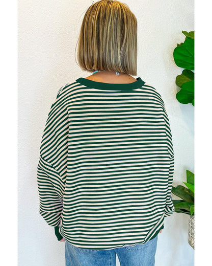 Green Stripe Turkey Pattern Drop Shoulder Pullover Top - L
