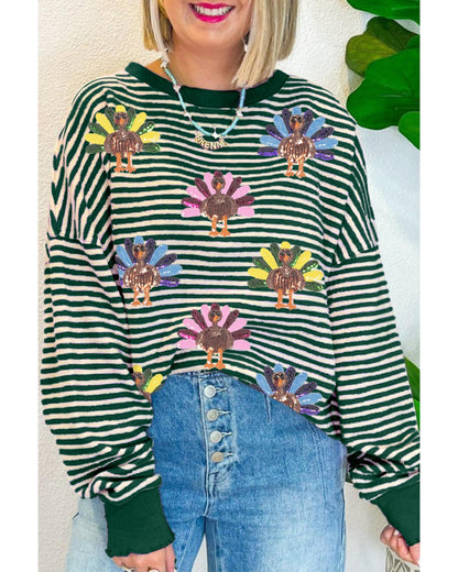 Green Stripe Turkey Pattern Drop Shoulder Pullover Top - L