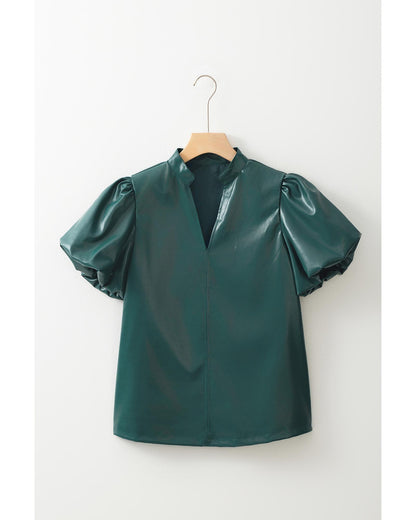 Sea Green  Notched V Neck Short Puff Sleeve PU Leather Blouse - M