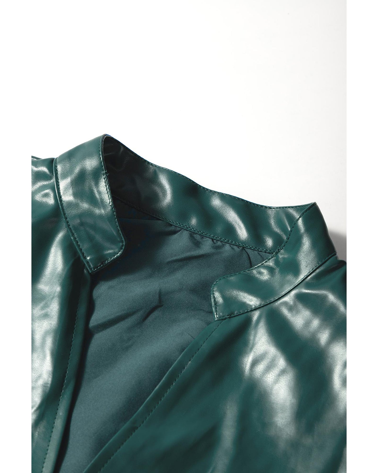 Sea Green  Notched V Neck Short Puff Sleeve PU Leather Blouse - M