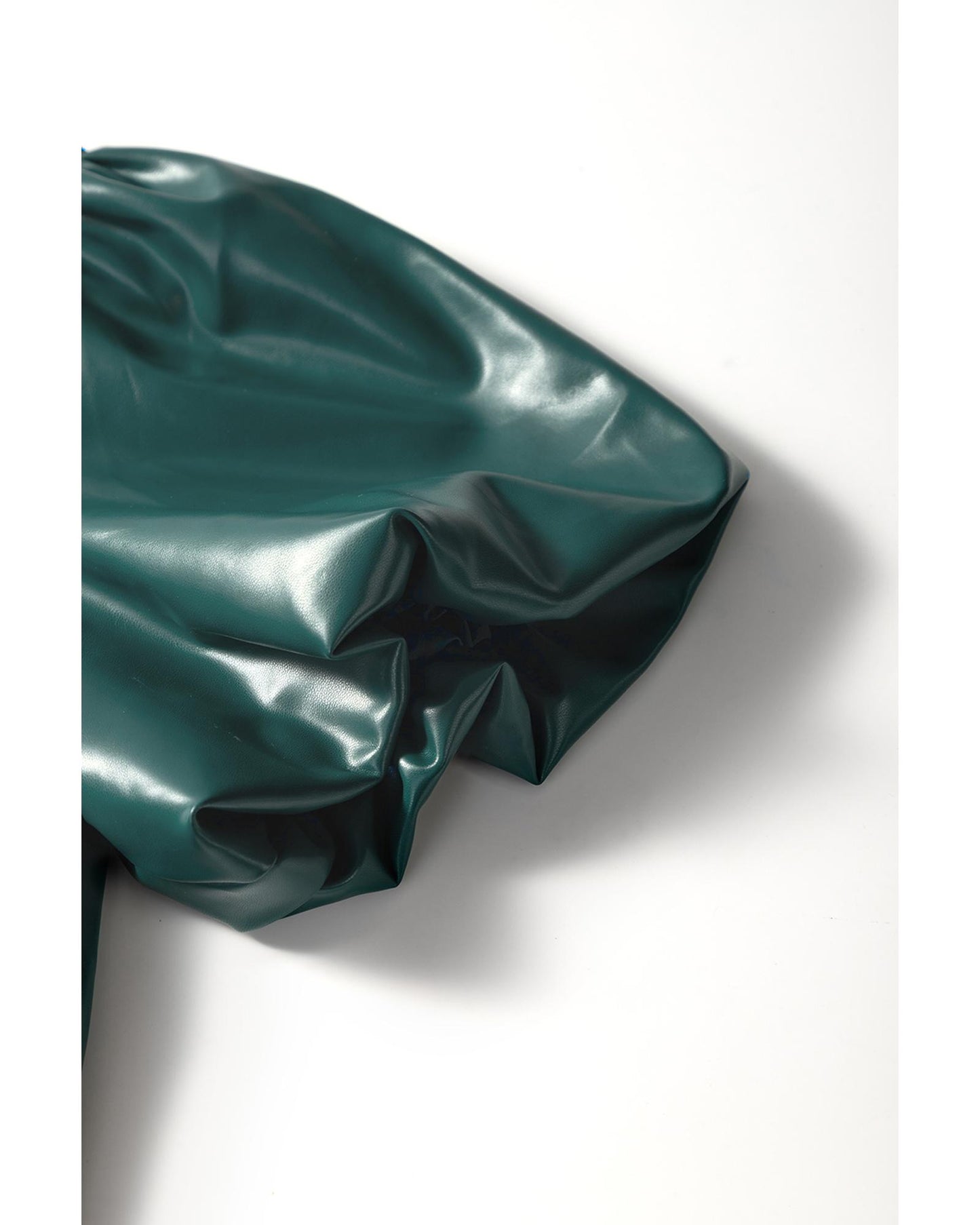 Sea Green  Notched V Neck Short Puff Sleeve PU Leather Blouse - M