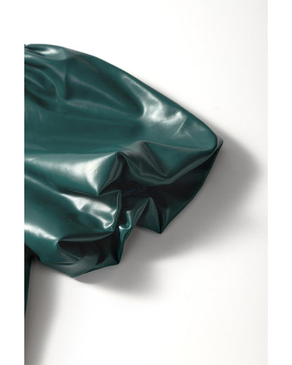 Sea Green  Notched V Neck Short Puff Sleeve PU Leather Blouse - M