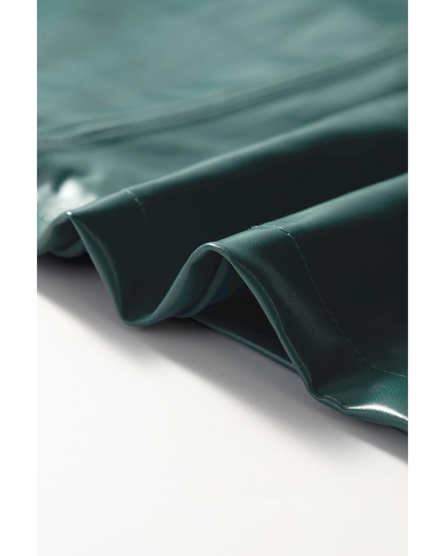 Sea Green  Notched V Neck Short Puff Sleeve PU Leather Blouse - M