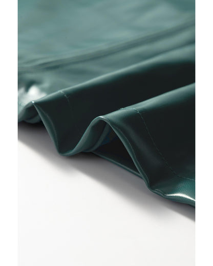 Sea Green  Notched V Neck Short Puff Sleeve PU Leather Blouse - M