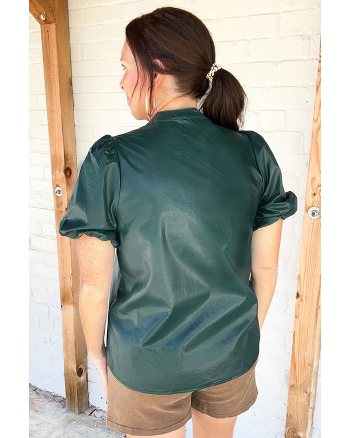 Sea Green  Notched V Neck Short Puff Sleeve PU Leather Blouse - M