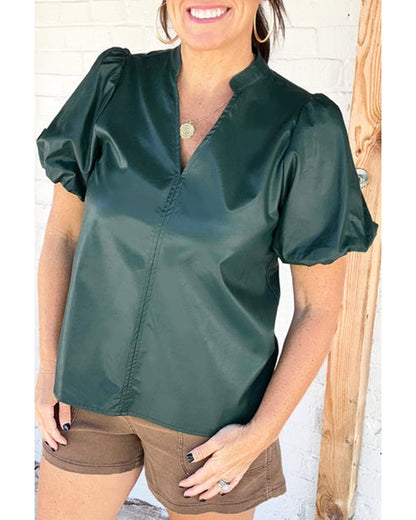 Sea Green  Notched V Neck Short Puff Sleeve PU Leather Blouse - M