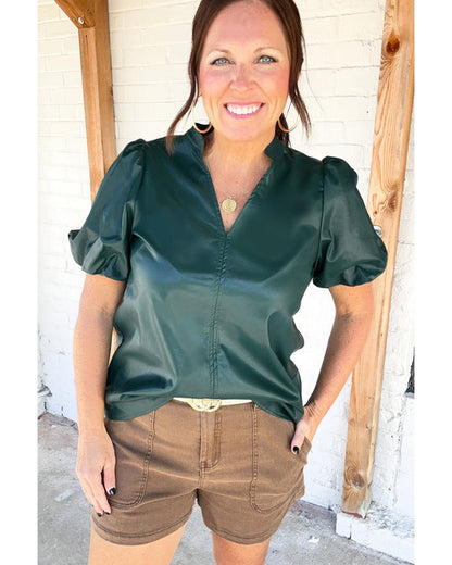 Sea Green  Notched V Neck Short Puff Sleeve PU Leather Blouse - M