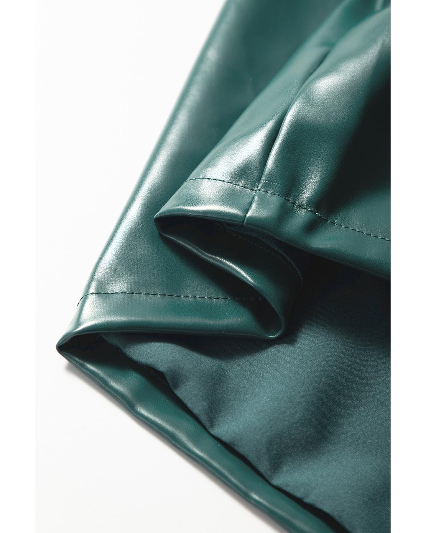 Sea Green  Notched V Neck Short Puff Sleeve PU Leather Blouse - M