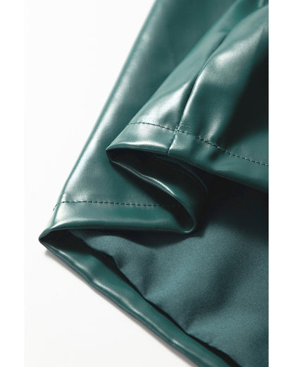 Sea Green  Notched V Neck Short Puff Sleeve PU Leather Blouse - M