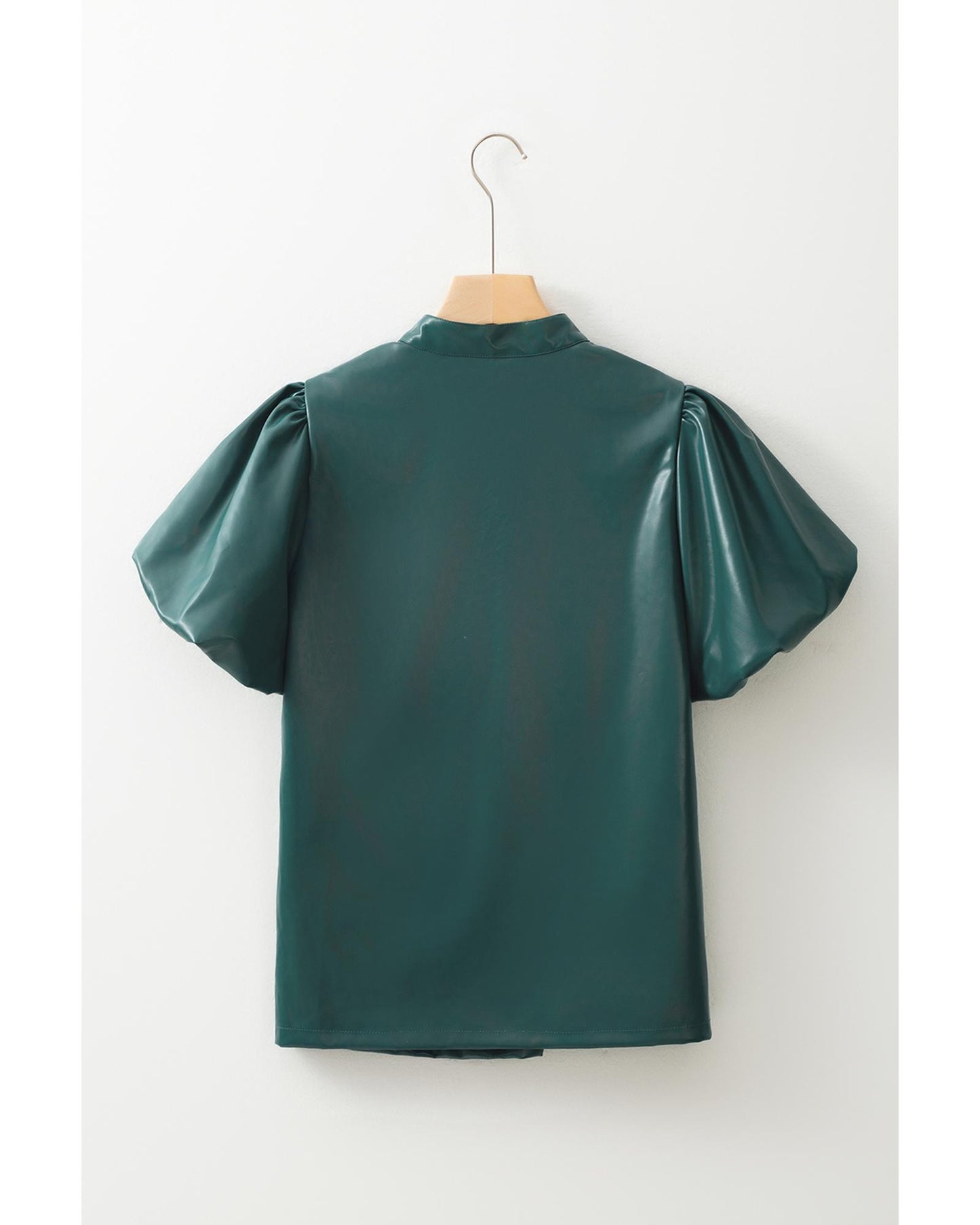 Sea Green  Notched V Neck Short Puff Sleeve PU Leather Blouse - M