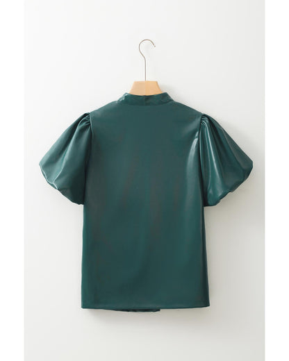 Sea Green  Notched V Neck Short Puff Sleeve PU Leather Blouse - M