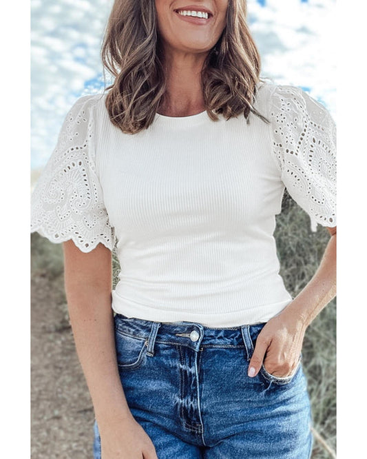 White Eyelet Pattern Short Sleeve Patchwork Ribbed Top - M