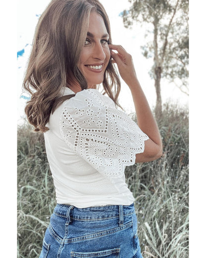 White Eyelet Pattern Short Sleeve Patchwork Ribbed Top - M
