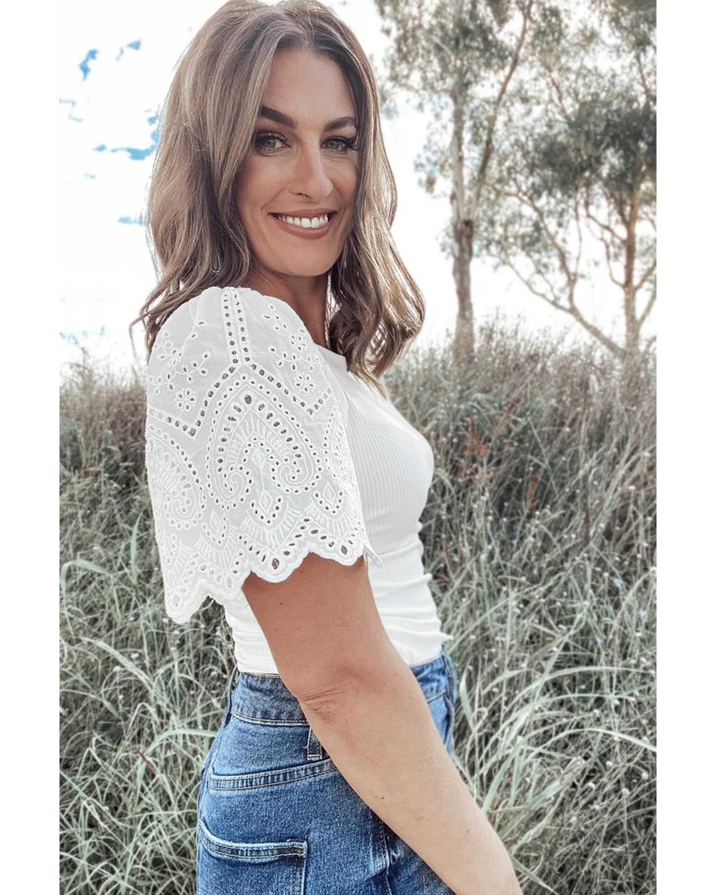 White Eyelet Pattern Short Sleeve Patchwork Ribbed Top - M