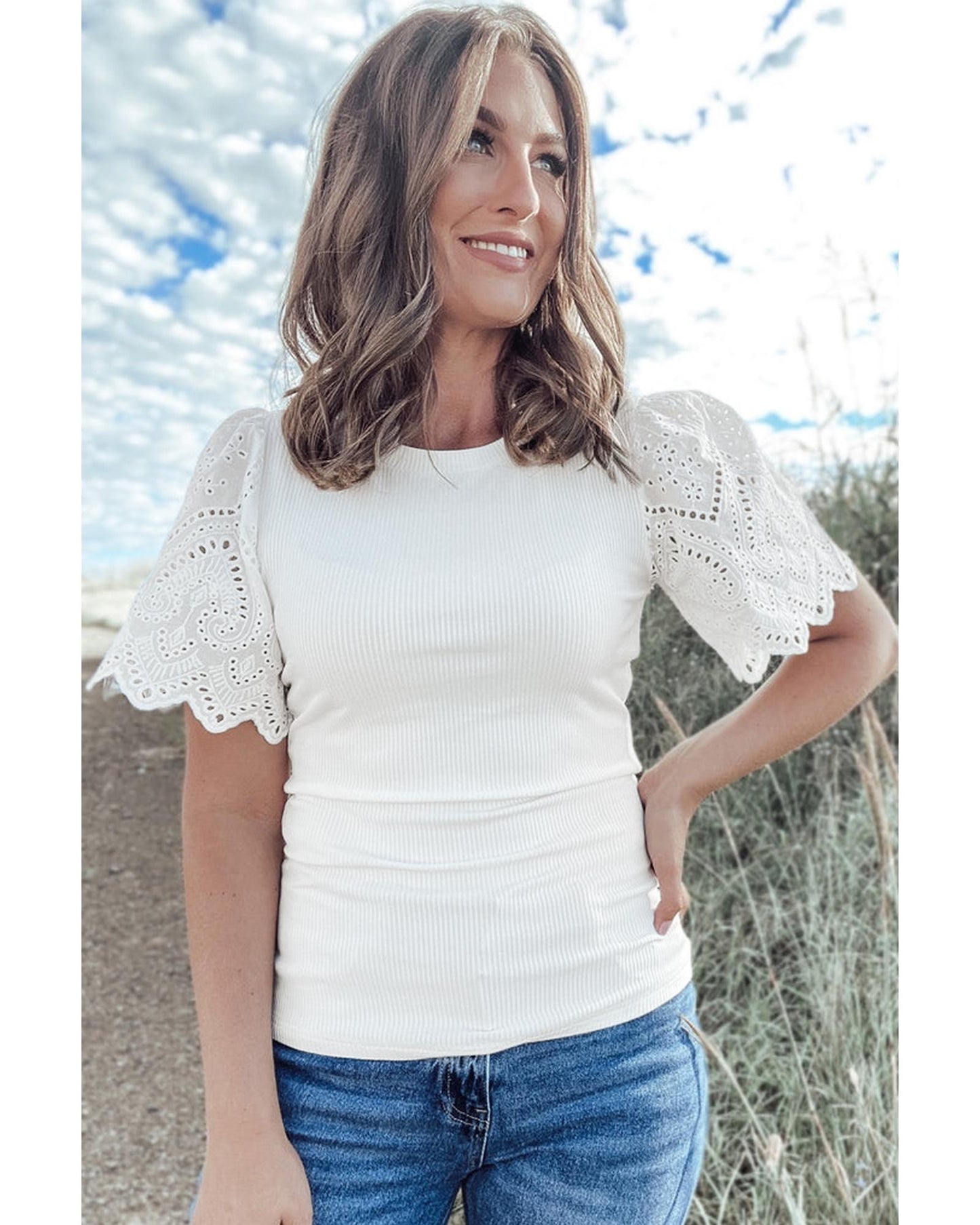 White Eyelet Pattern Short Sleeve Patchwork Ribbed Top - M