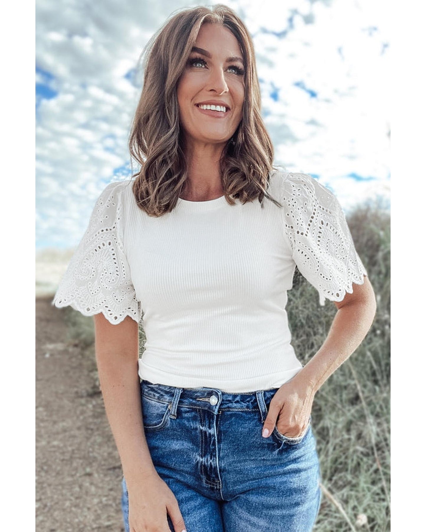 White Eyelet Pattern Short Sleeve Patchwork Ribbed Top - M