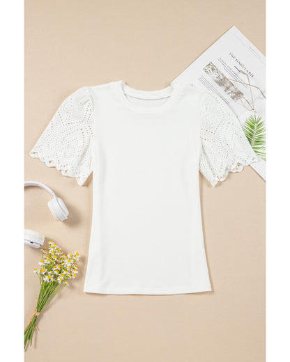 White Eyelet Pattern Short Sleeve Patchwork Ribbed Top - M