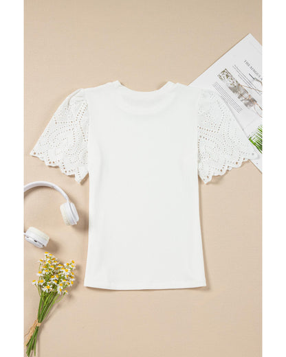 White Eyelet Pattern Short Sleeve Patchwork Ribbed Top - M