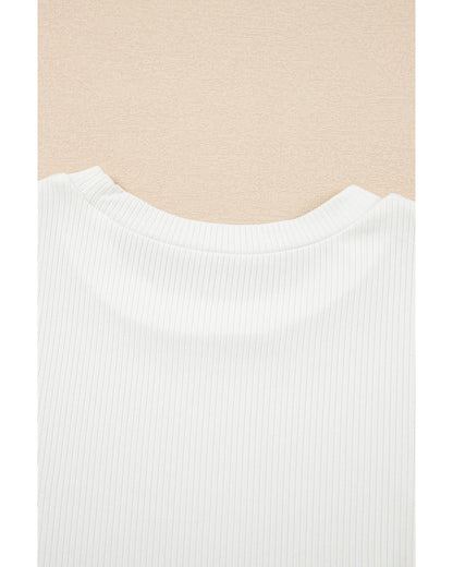 White Eyelet Pattern Short Sleeve Patchwork Ribbed Top - M