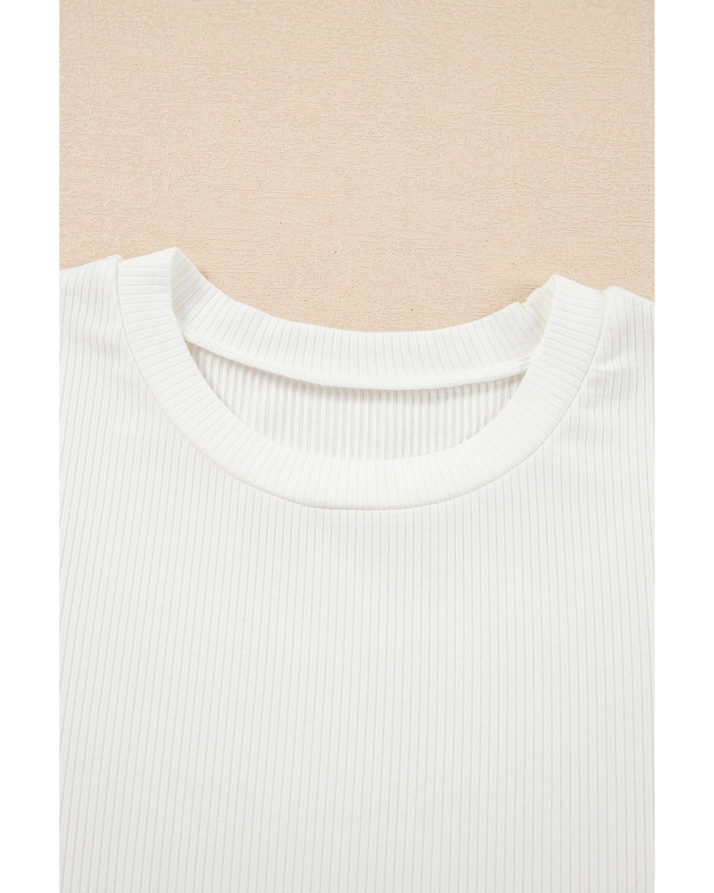 White Eyelet Pattern Short Sleeve Patchwork Ribbed Top - M