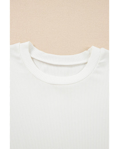 White Eyelet Pattern Short Sleeve Patchwork Ribbed Top - M