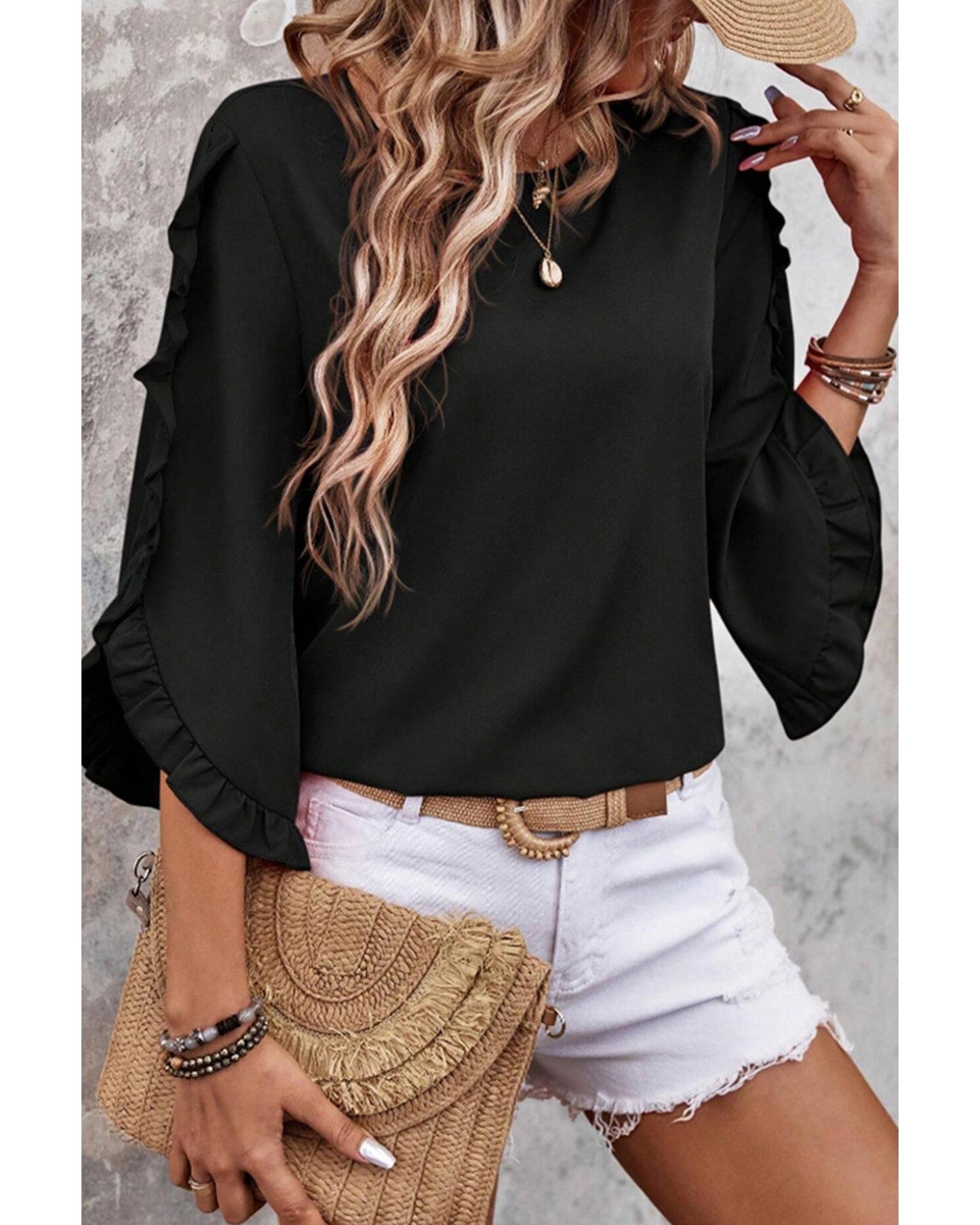Black Ruffle Trimmed 3/4 Sleeve Round Neck Blouse - S