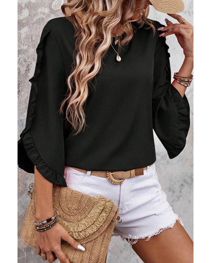 Black Ruffle Trimmed 3/4 Sleeve Round Neck Blouse - S