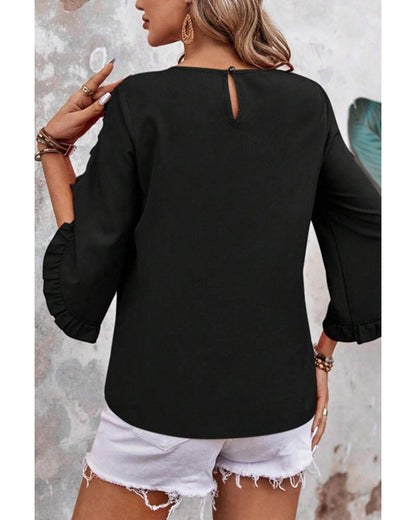 Black Ruffle Trimmed 3/4 Sleeve Round Neck Blouse - S
