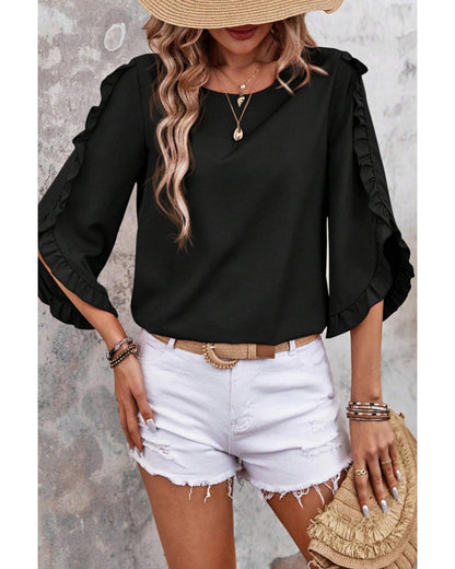 Black Ruffle Trimmed 3/4 Sleeve Round Neck Blouse - S