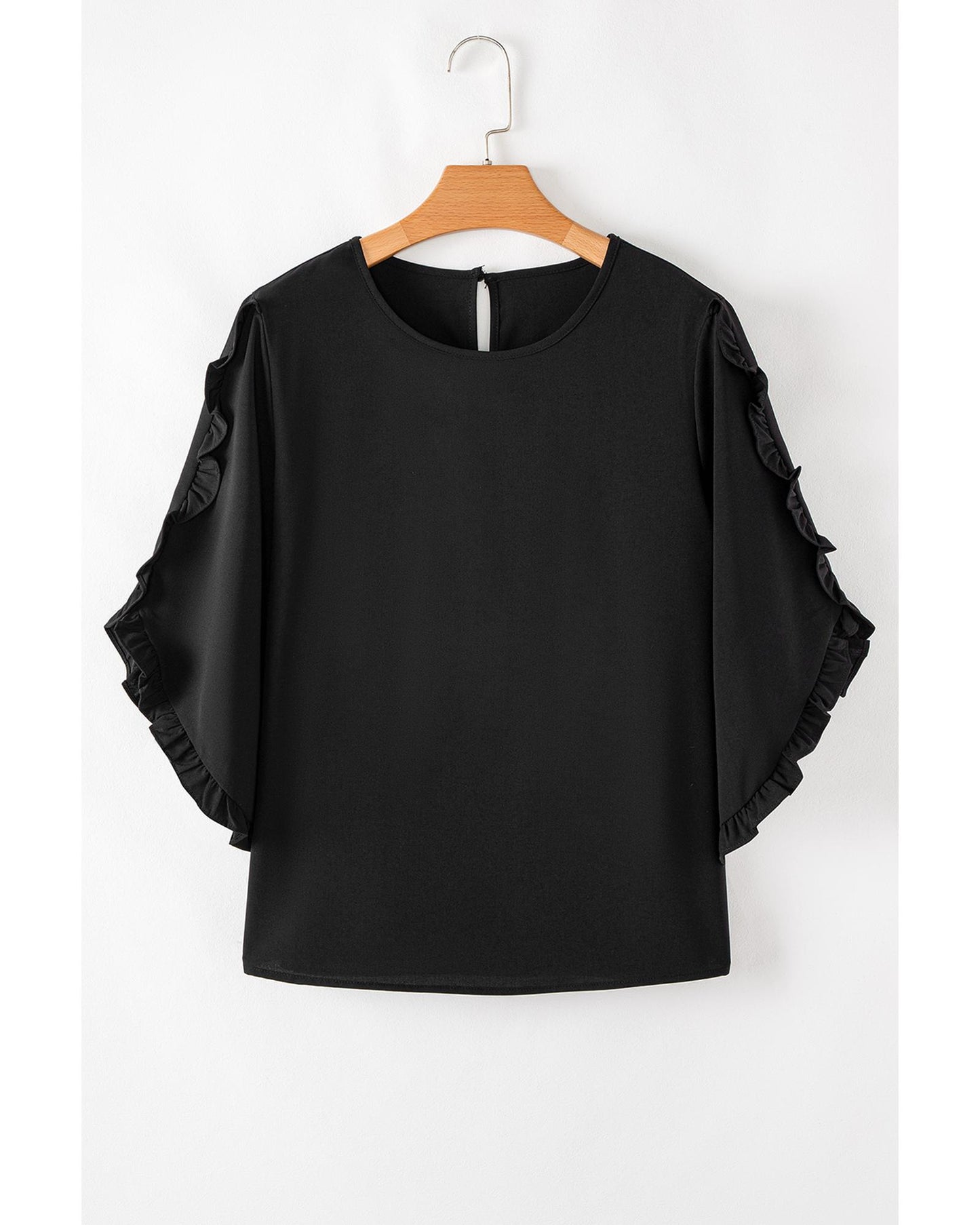 Black Ruffle Trimmed 3/4 Sleeve Round Neck Blouse - S