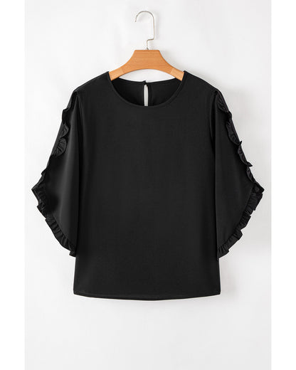 Black Ruffle Trimmed 3/4 Sleeve Round Neck Blouse - S