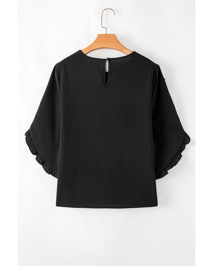 Black Ruffle Trimmed 3/4 Sleeve Round Neck Blouse - S