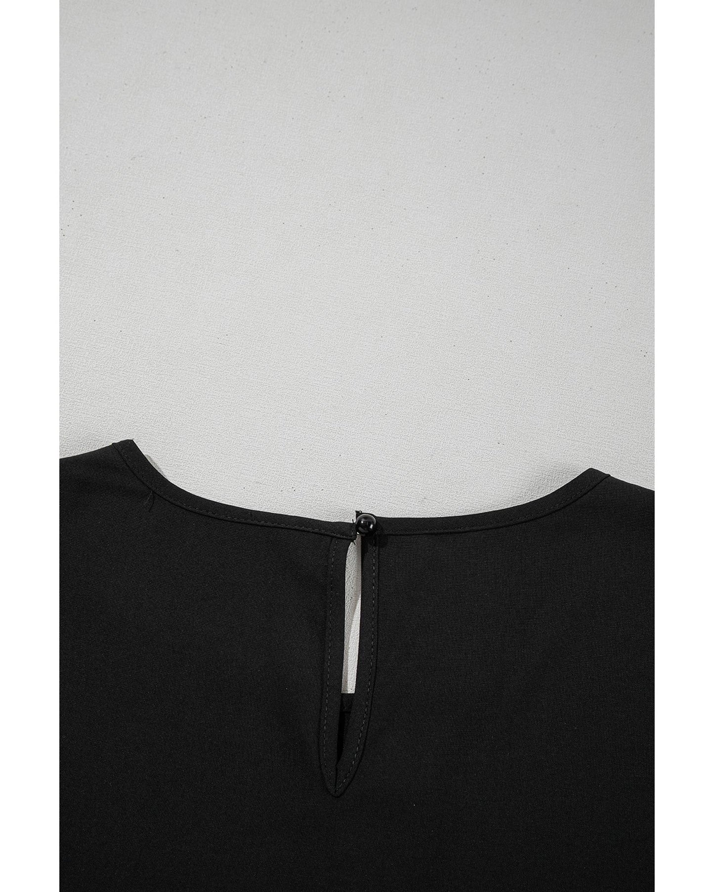 Black Ruffle Trimmed 3/4 Sleeve Round Neck Blouse - S