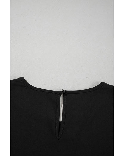 Black Ruffle Trimmed 3/4 Sleeve Round Neck Blouse - S