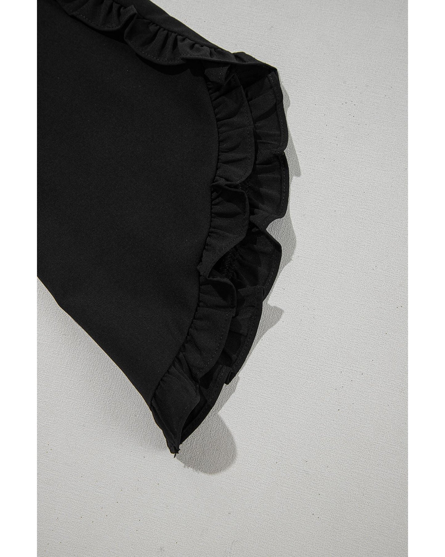Black Ruffle Trimmed 3/4 Sleeve Round Neck Blouse - S