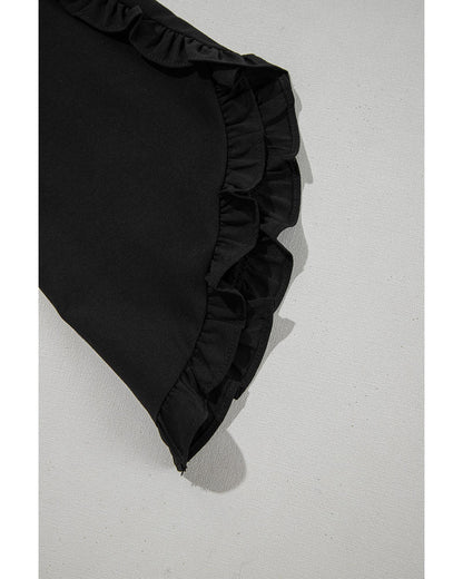 Black Ruffle Trimmed 3/4 Sleeve Round Neck Blouse - S