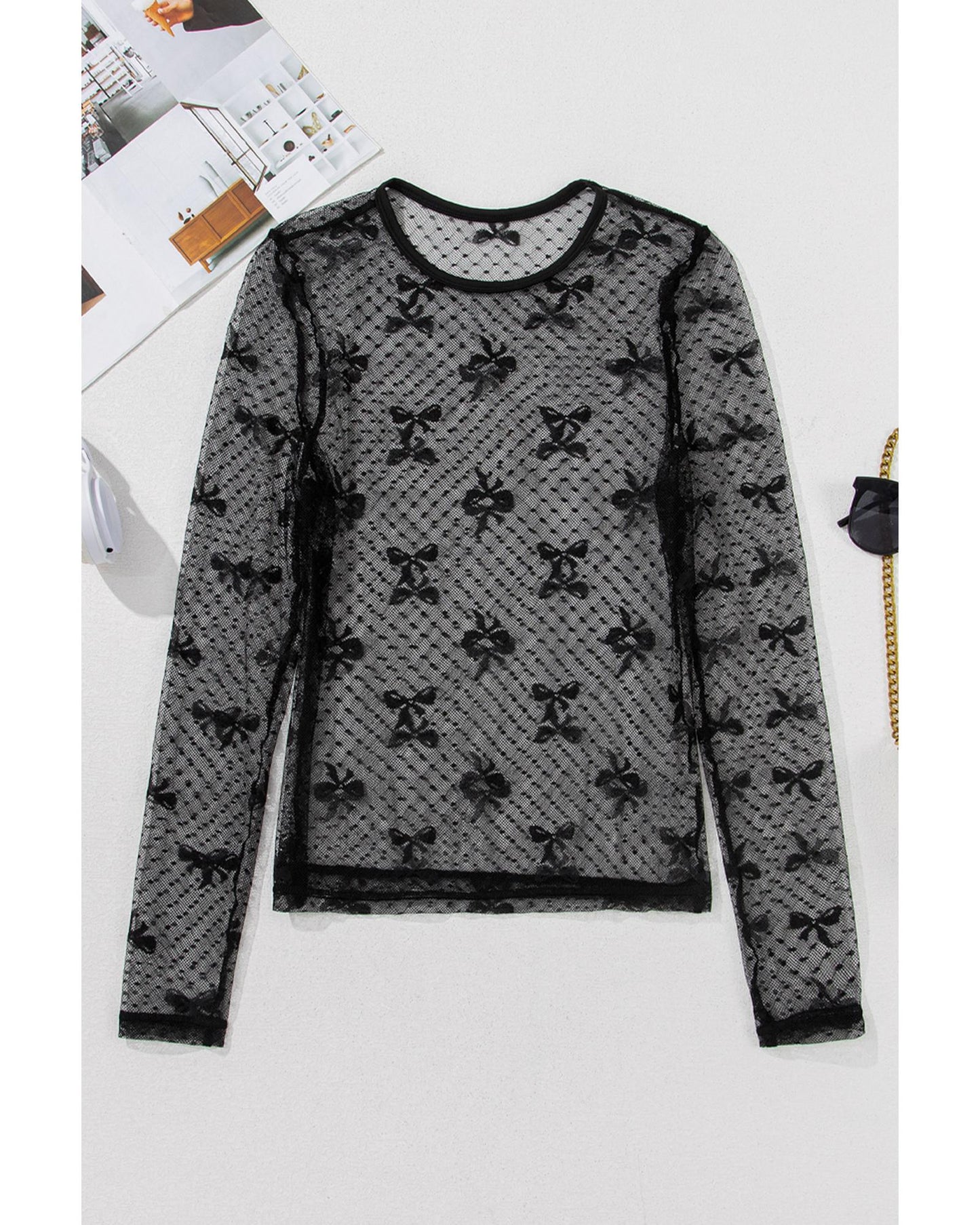 Black Bow Pattern Accent Mesh Long Sleeve Top - M