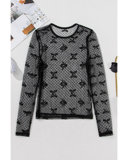 Black Bow Pattern Accent Mesh Long Sleeve Top - M