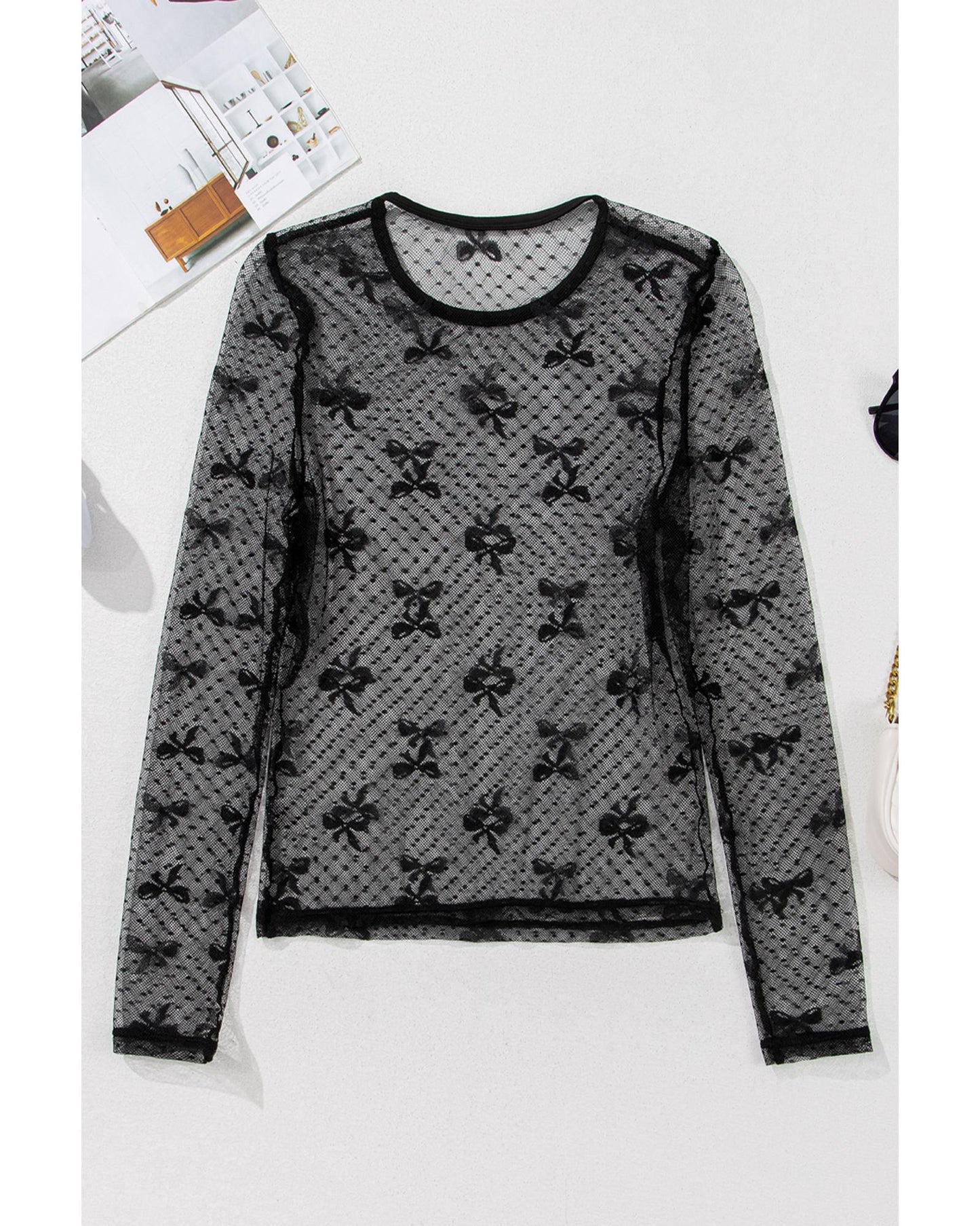 Black Bow Pattern Accent Mesh Long Sleeve Top - M